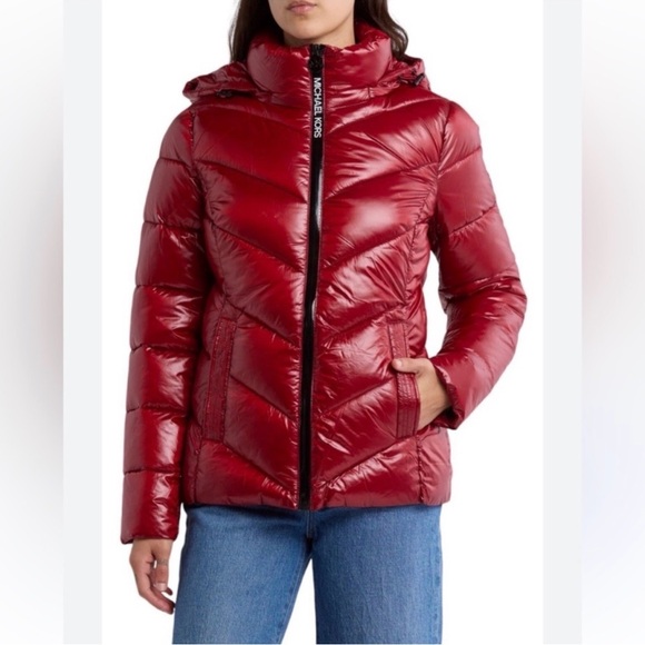 Michael Kors Hooded Chevron Puffer Jacket Glossy Packable Coat Women’s L Green